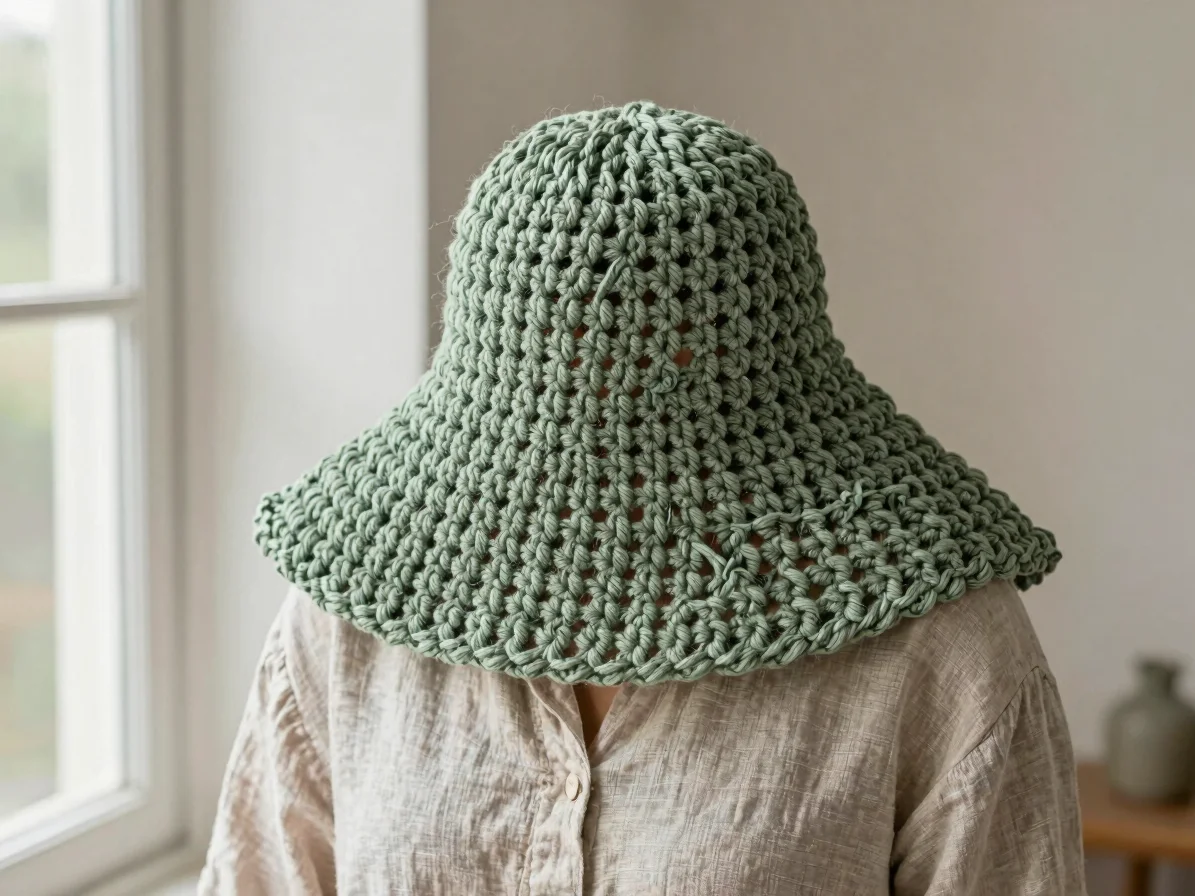 Editorial photo of a sage green crochet scoodie worn over a linen