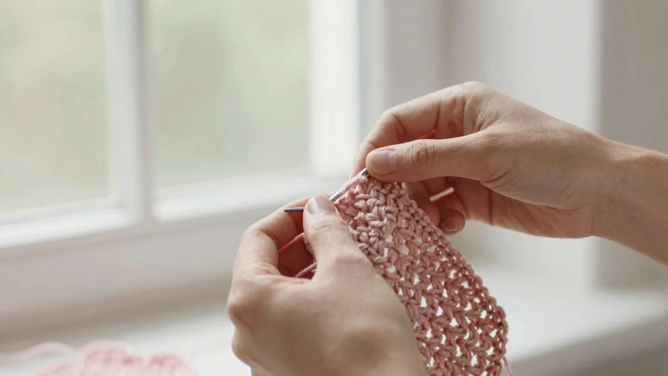 Close detail of hands joining two dusty pink crochet panels with a yarn needle, soft natural window light, shallow depth