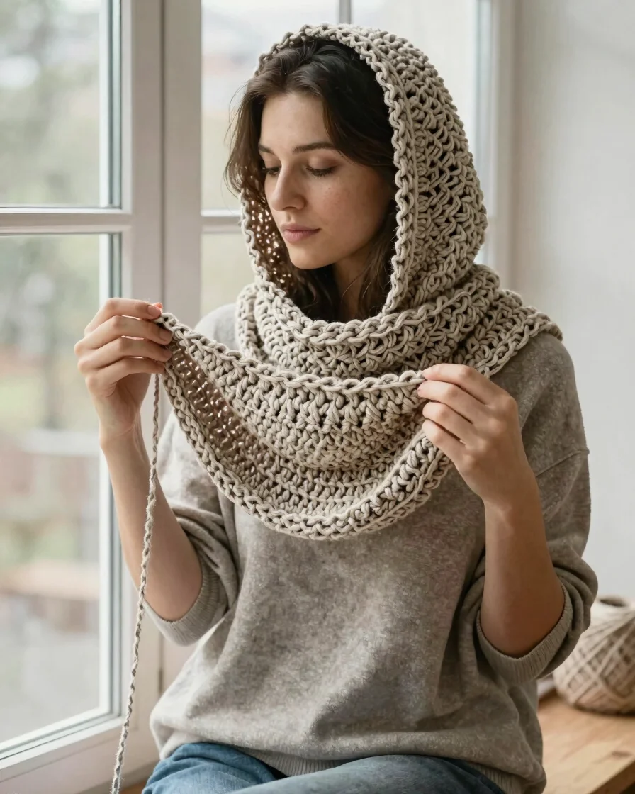 Editorial portrait of a crochet designer seated by a window in so