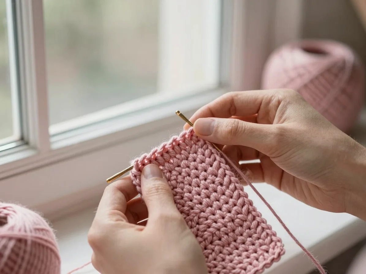 Hands demonstrating a single crochet stitch on a dusty pink yarn