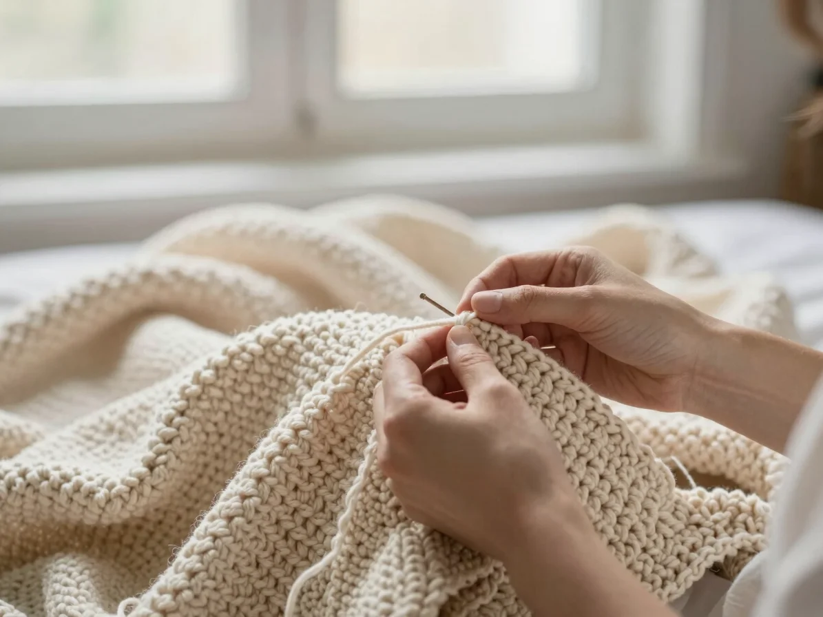Soft daylight photo of hands working a crochet row on a cream bla