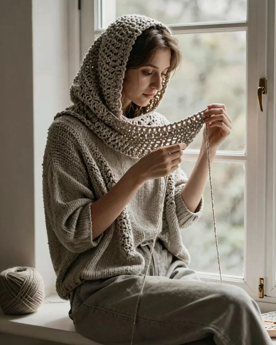Warm editorial portrait of a crochet designer seated by a window