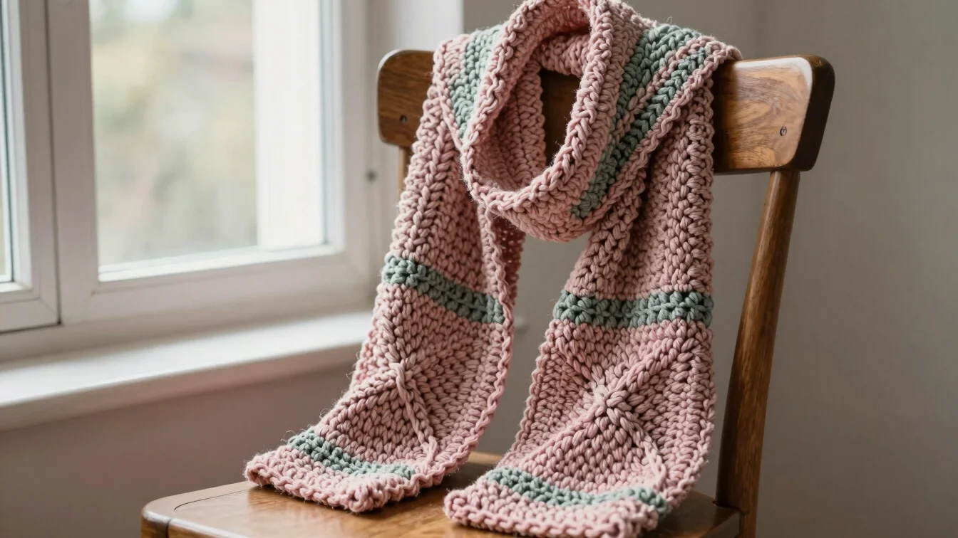 Finished crochet hooded scarf draped over a wooden chair in soft