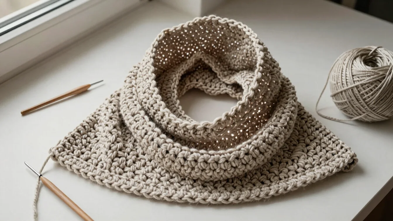 Close overhead view of a half-finished crochet hooded scarf with