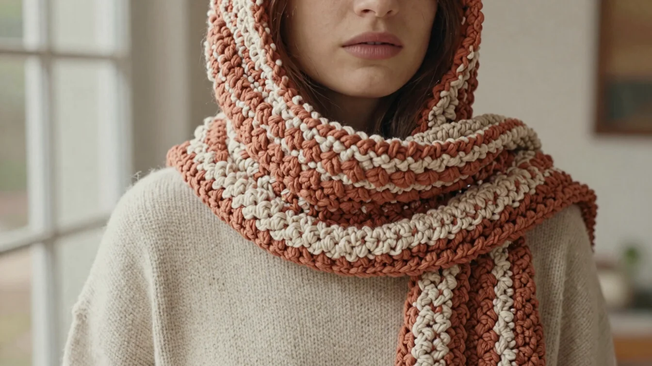 Person wearing a chunky crochet hooded scarf outdoors in soft nat
