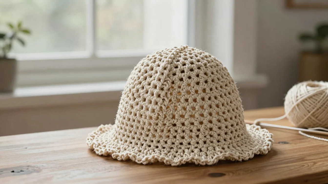 Soft window daylight close view of a cream crochet hood in progress on a wooden table, stitch texture clearly visible, w