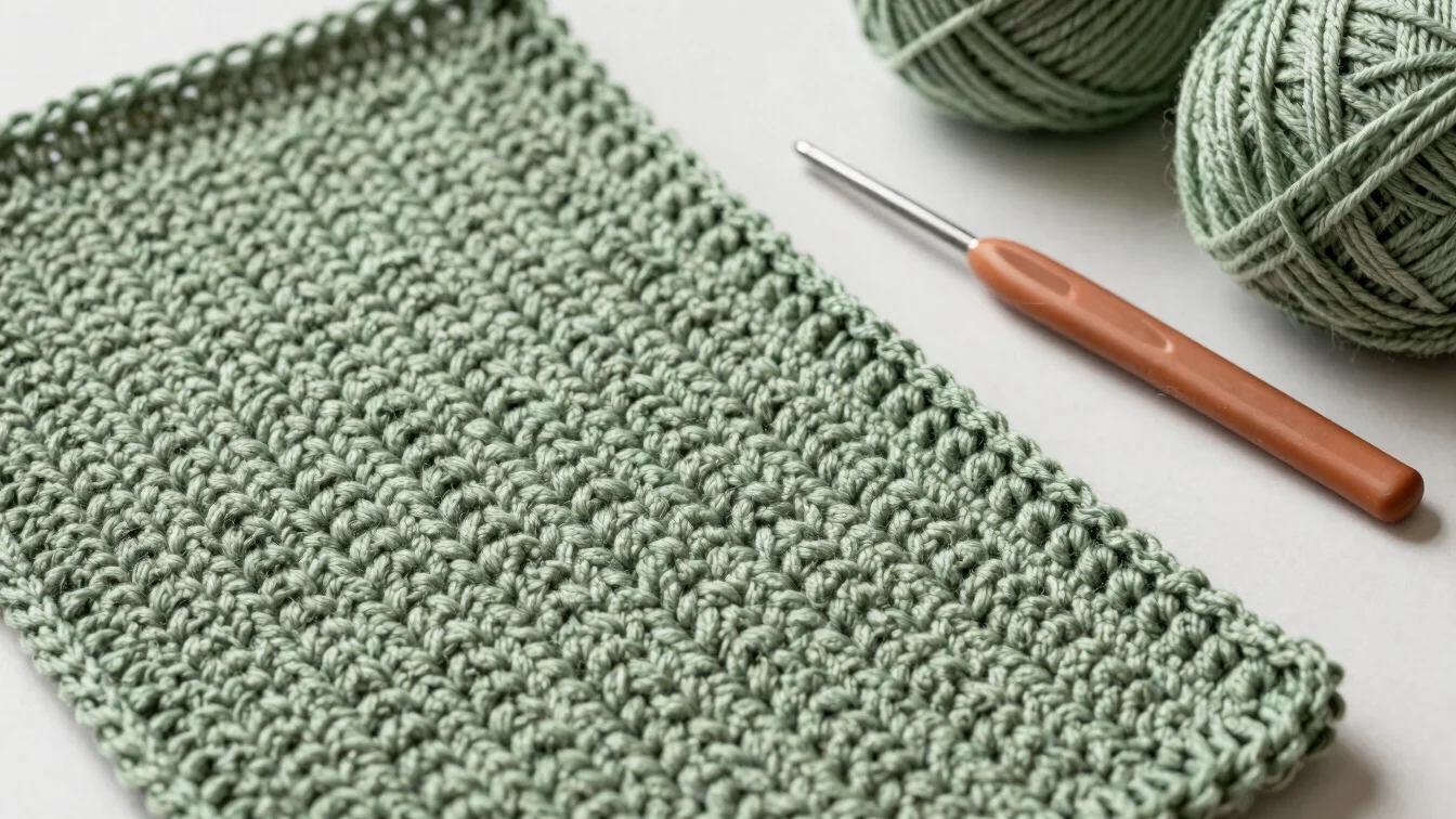 Overhead editorial view of sage green crochet ribbing swatch beside a terracotta hook, natural yarn texture, gentle shad