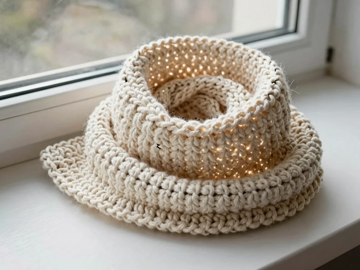 Close overhead view of a chunky cream hooded scarf in progress on
