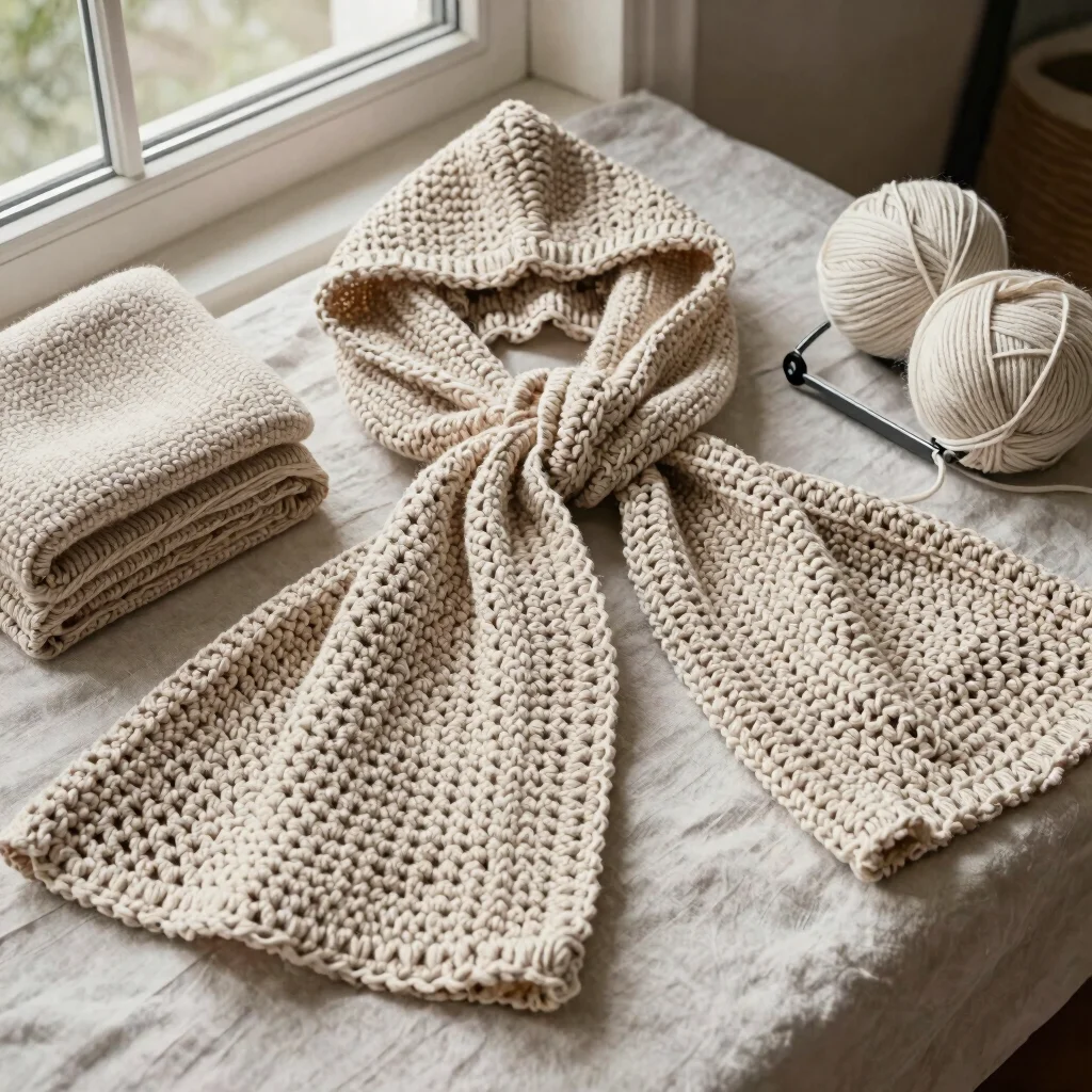 Crochet hooded scarves and scoodies folded on linen, overhead edi