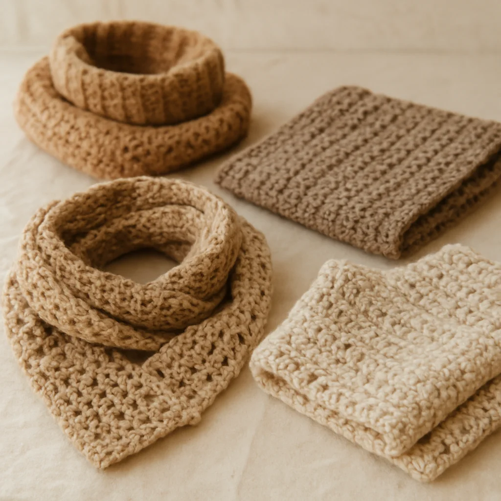 Crochet scarves and cowls arranged on a cream surface, natural ya