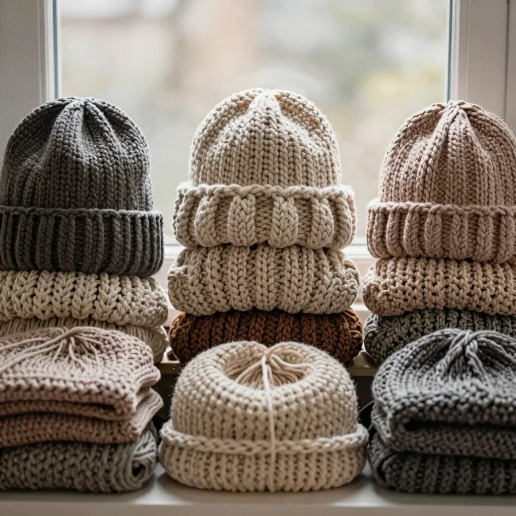 Crochet hats and beanies stacked in warm muted tones, gentle shad