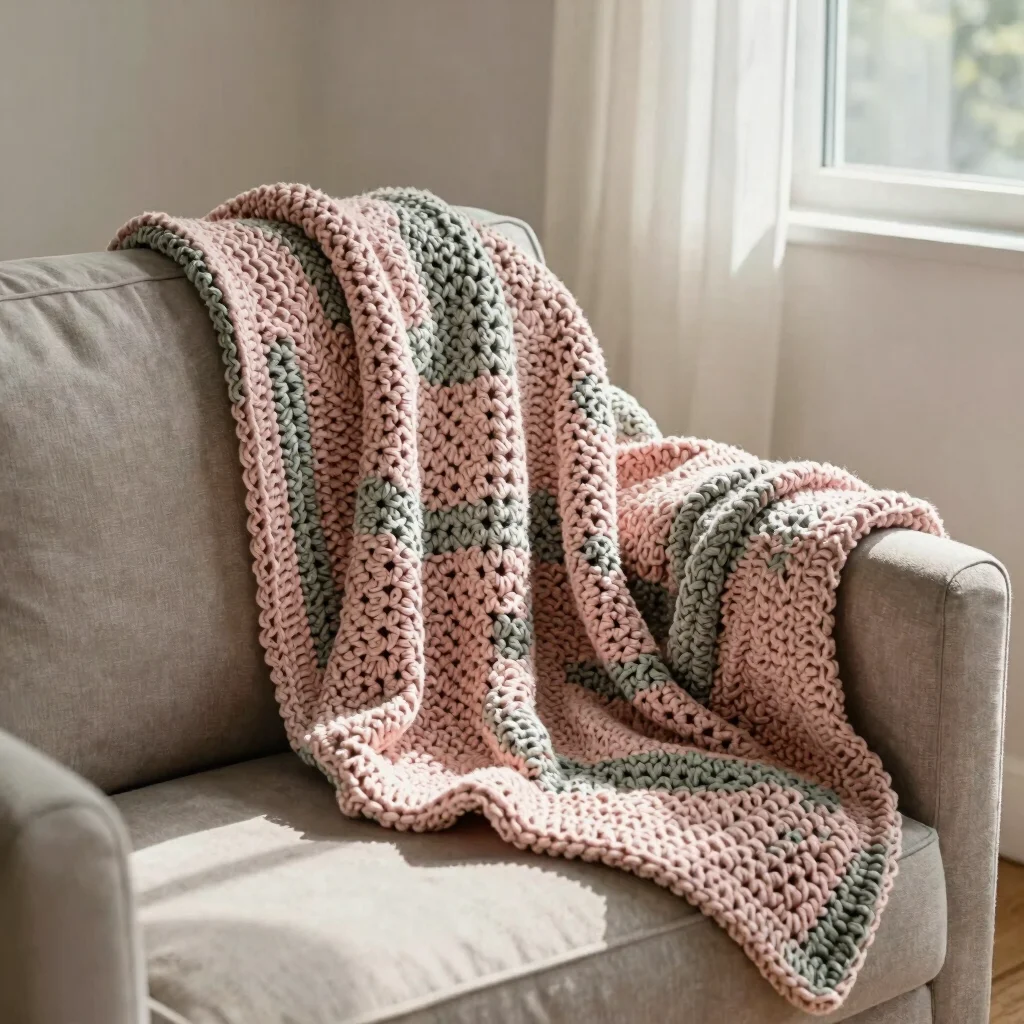 Crochet blanket draped over a sofa arm in a sunlit room, dusty pi