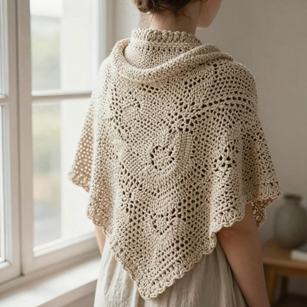 Crochet shawl and wrap worn over a shoulder, soft window light
