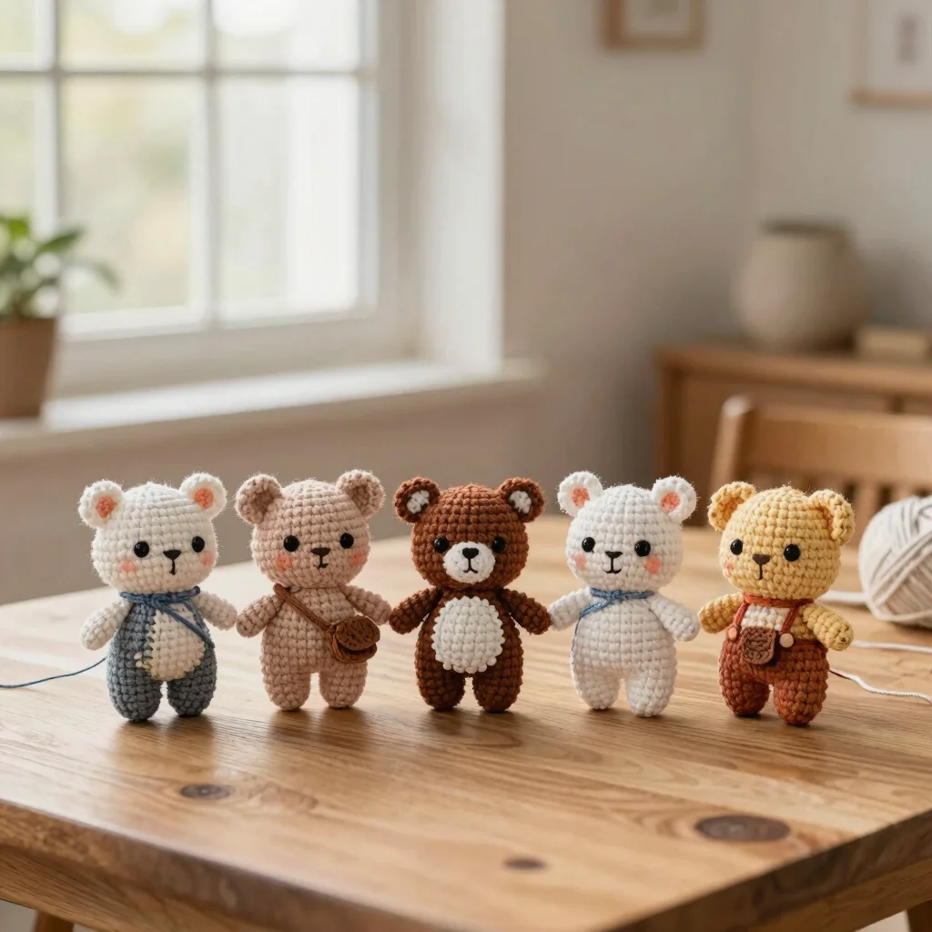 Small crochet amigurumi toys on a wooden table, handmade warmth